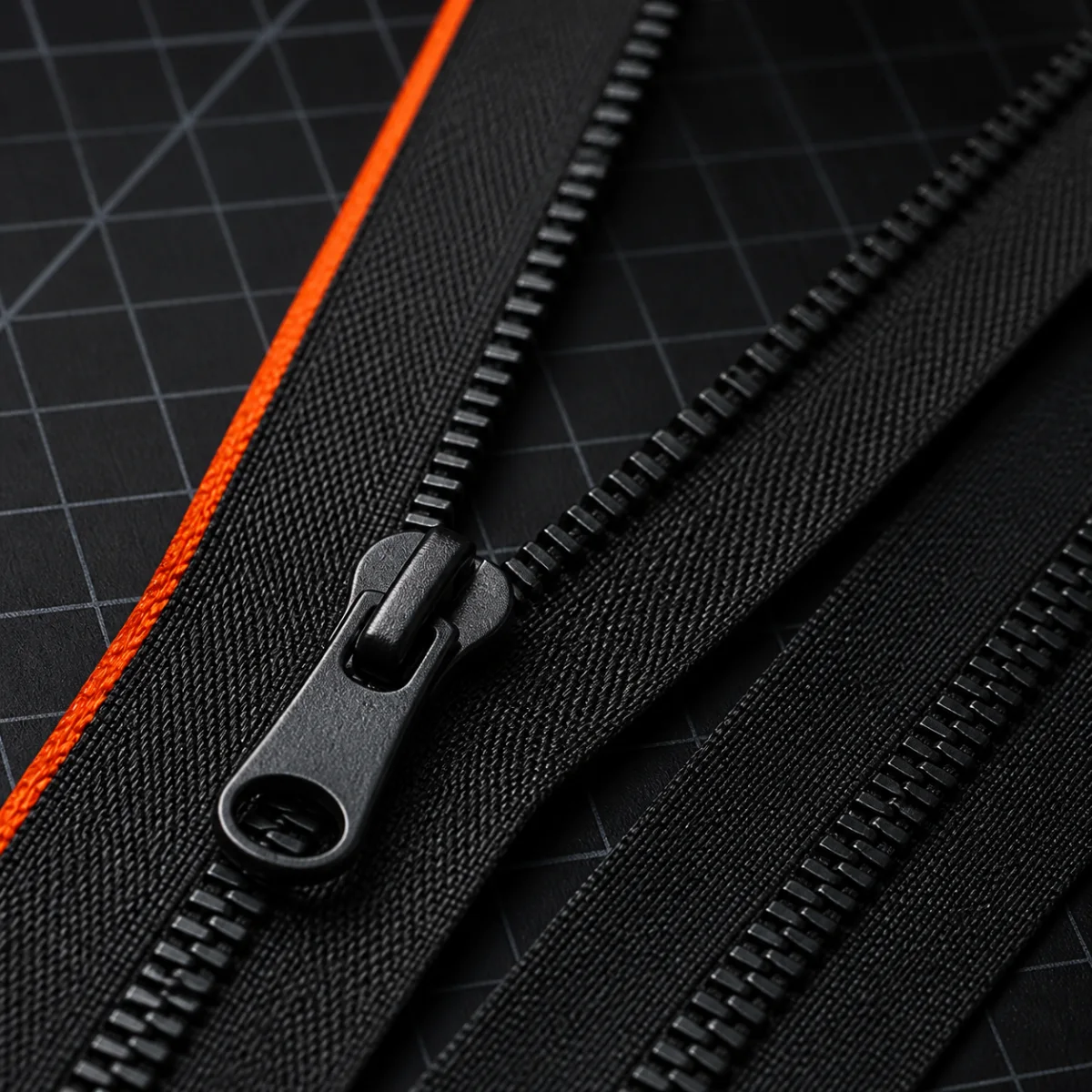 Precision black zipper slider and teeth under cool directional light