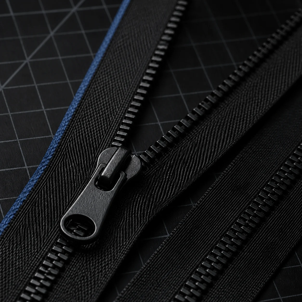 Close-up of precision metal zipper teeth and black textile tape under directional studio light